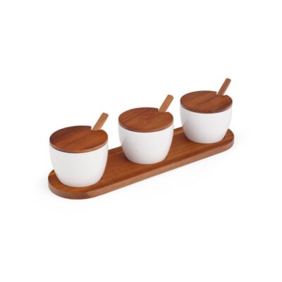 Serveware Nambé Condiment And Nut | Duets Triple Condiment Server W/ Lids & Spoons